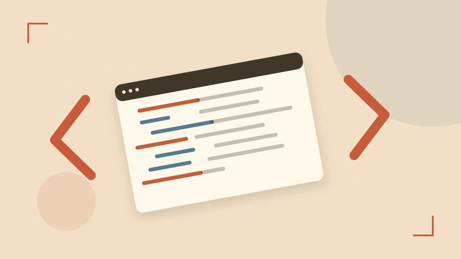 Editorial illustration of an abstract code editor, syntax blocks and oversized programming brackets