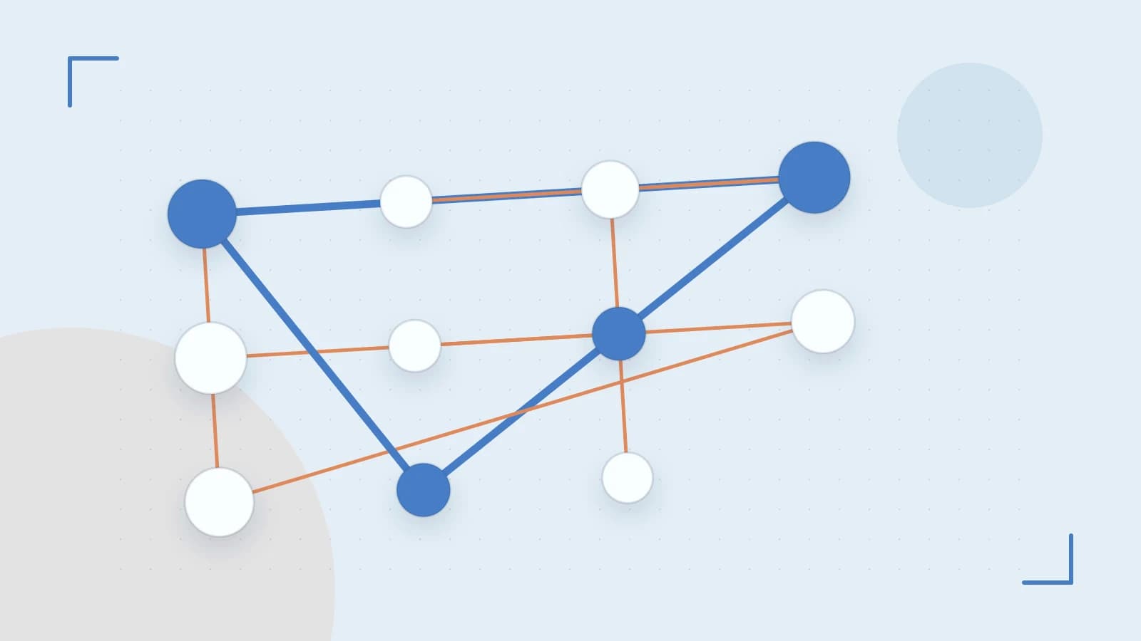 Editorial illustration of an algorithmic node graph with branching paths and a highlighted result
