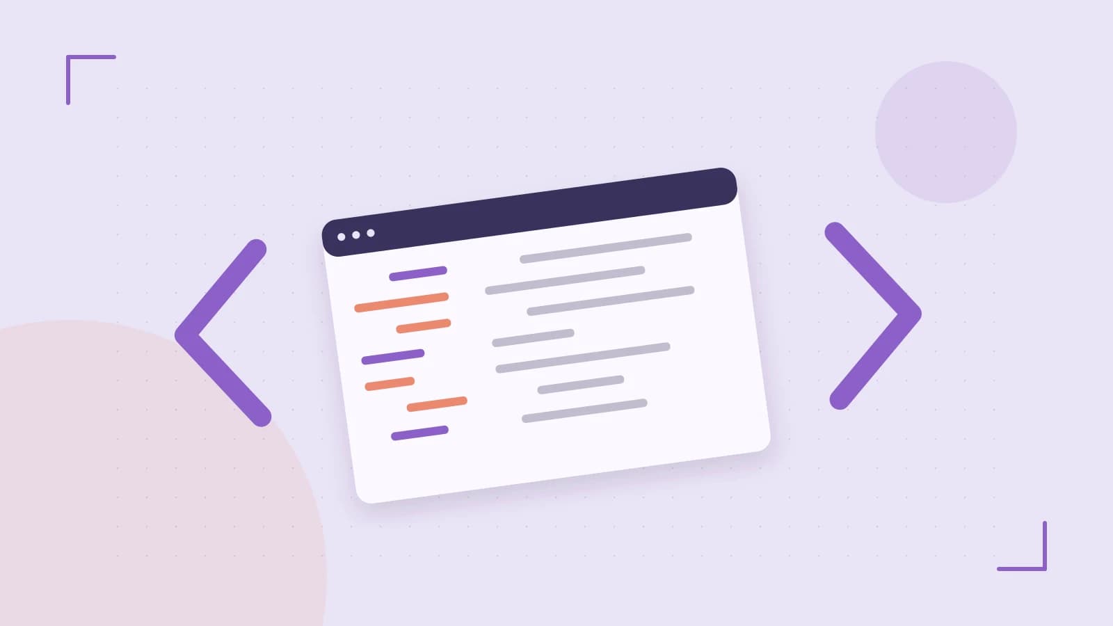 Editorial illustration of an abstract code editor, syntax blocks and oversized programming brackets