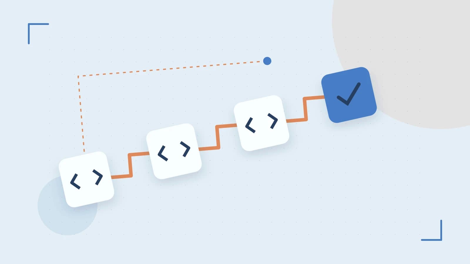 Editorial illustration of a branching build pipeline, staged transformations and a completed check