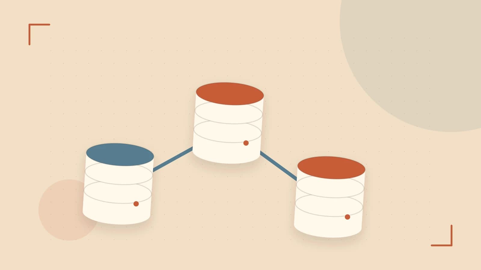 Editorial illustration of structured records, database cylinders and relationships between tables