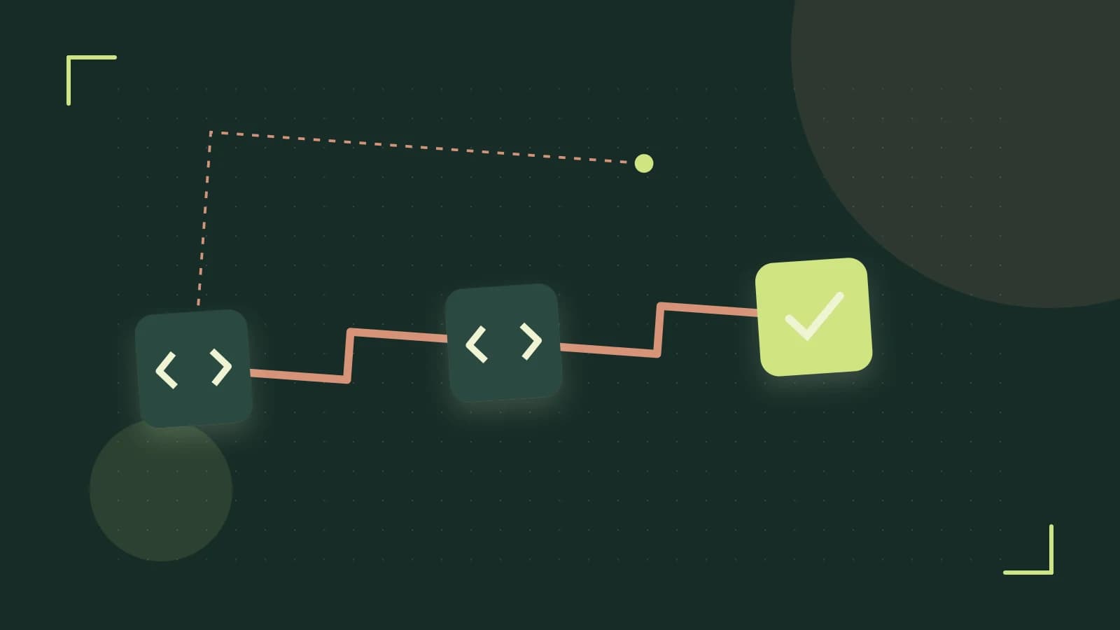Editorial illustration of a branching build pipeline, staged transformations and a completed check