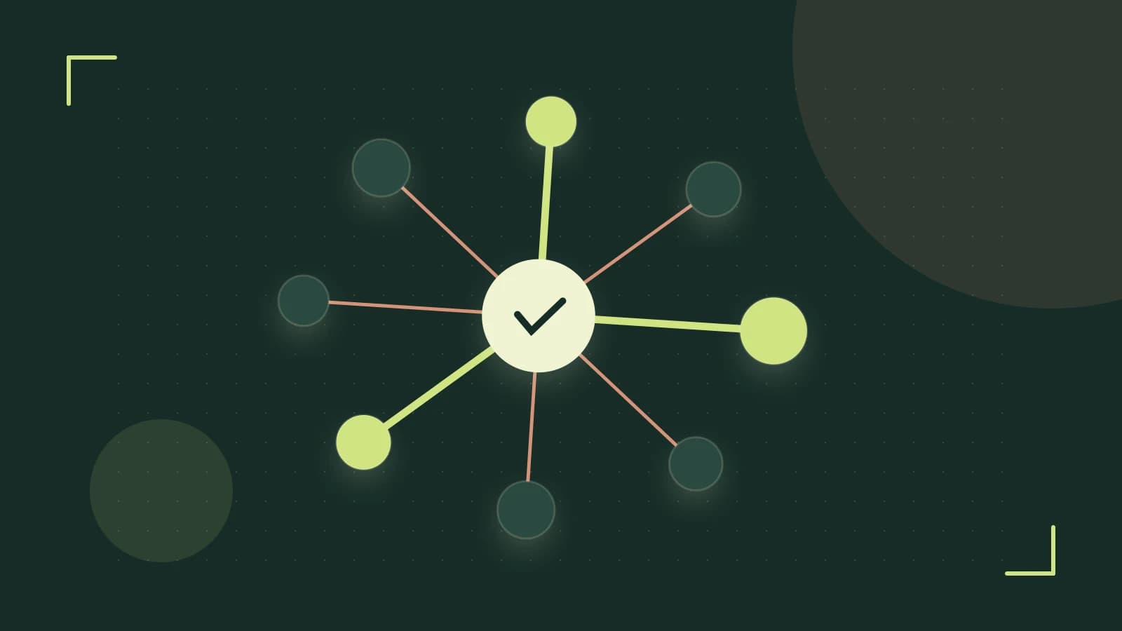 Editorial illustration of an algorithmic node graph with branching paths and a highlighted result