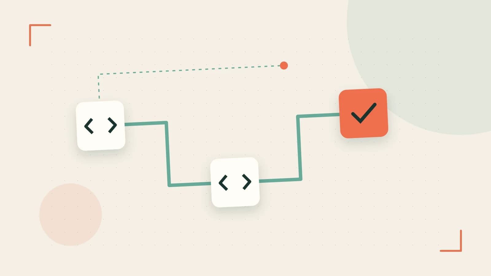 Editorial illustration of a branching build pipeline, staged transformations and a completed check