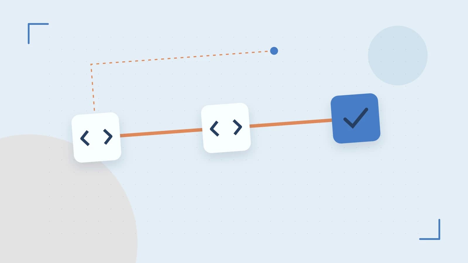 Editorial illustration of a branching build pipeline, staged transformations and a completed check