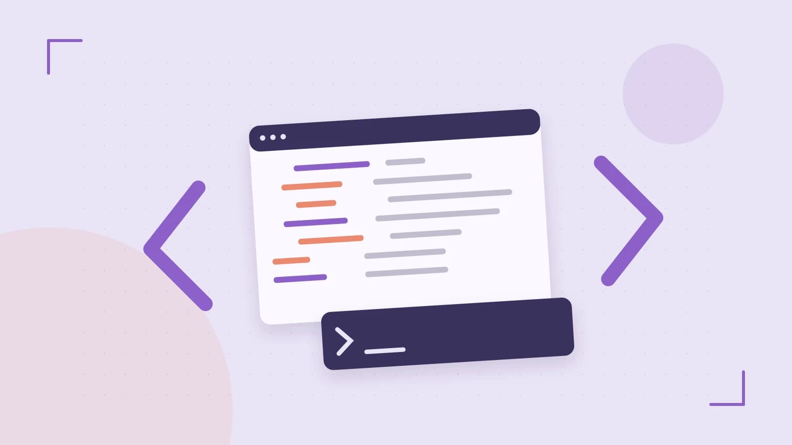 Editorial illustration of an abstract code editor, syntax blocks and oversized programming brackets