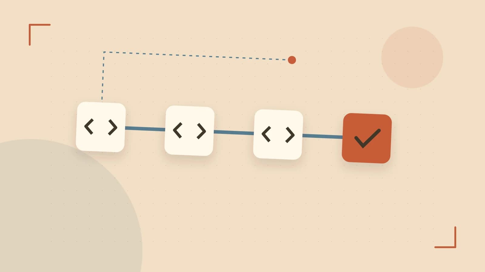 Editorial illustration of a branching build pipeline, staged transformations and a completed check