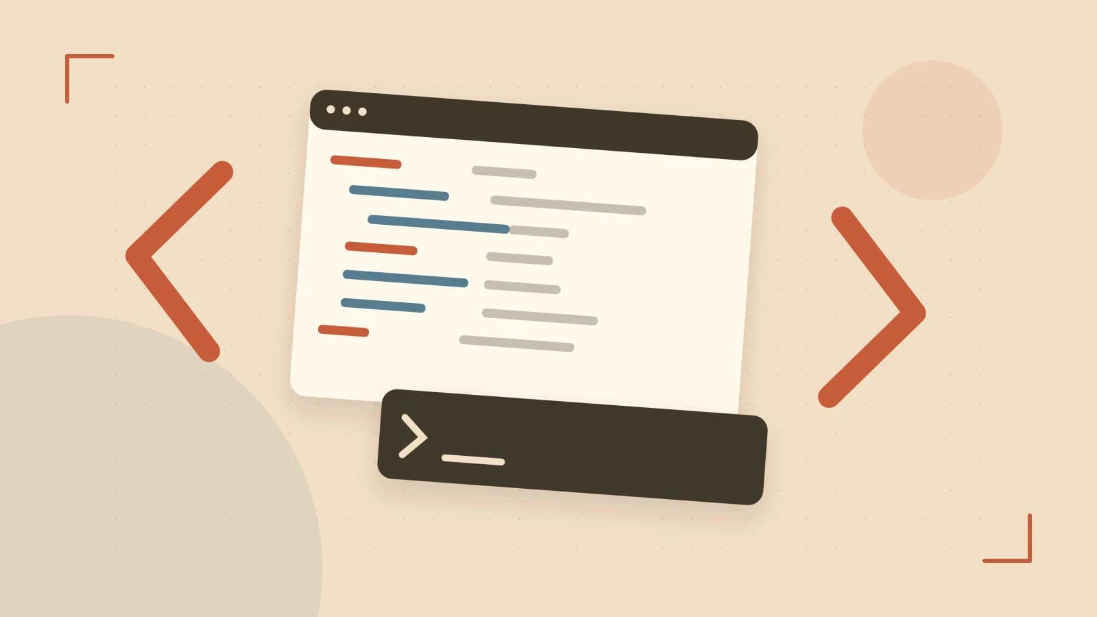 Editorial illustration of an abstract code editor, syntax blocks and oversized programming brackets