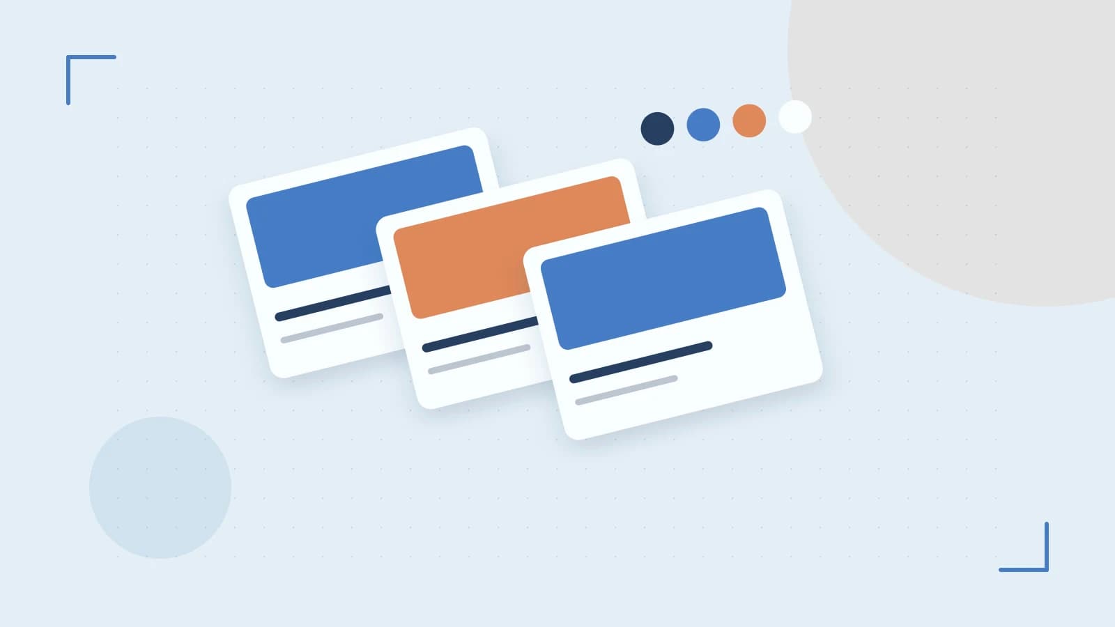Editorial illustration of responsive browser layouts, overlapping design components and a color system