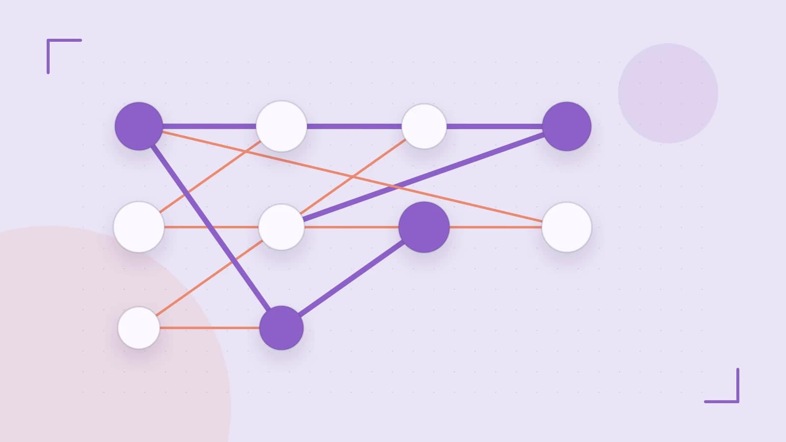 Editorial illustration of an algorithmic node graph with branching paths and a highlighted result