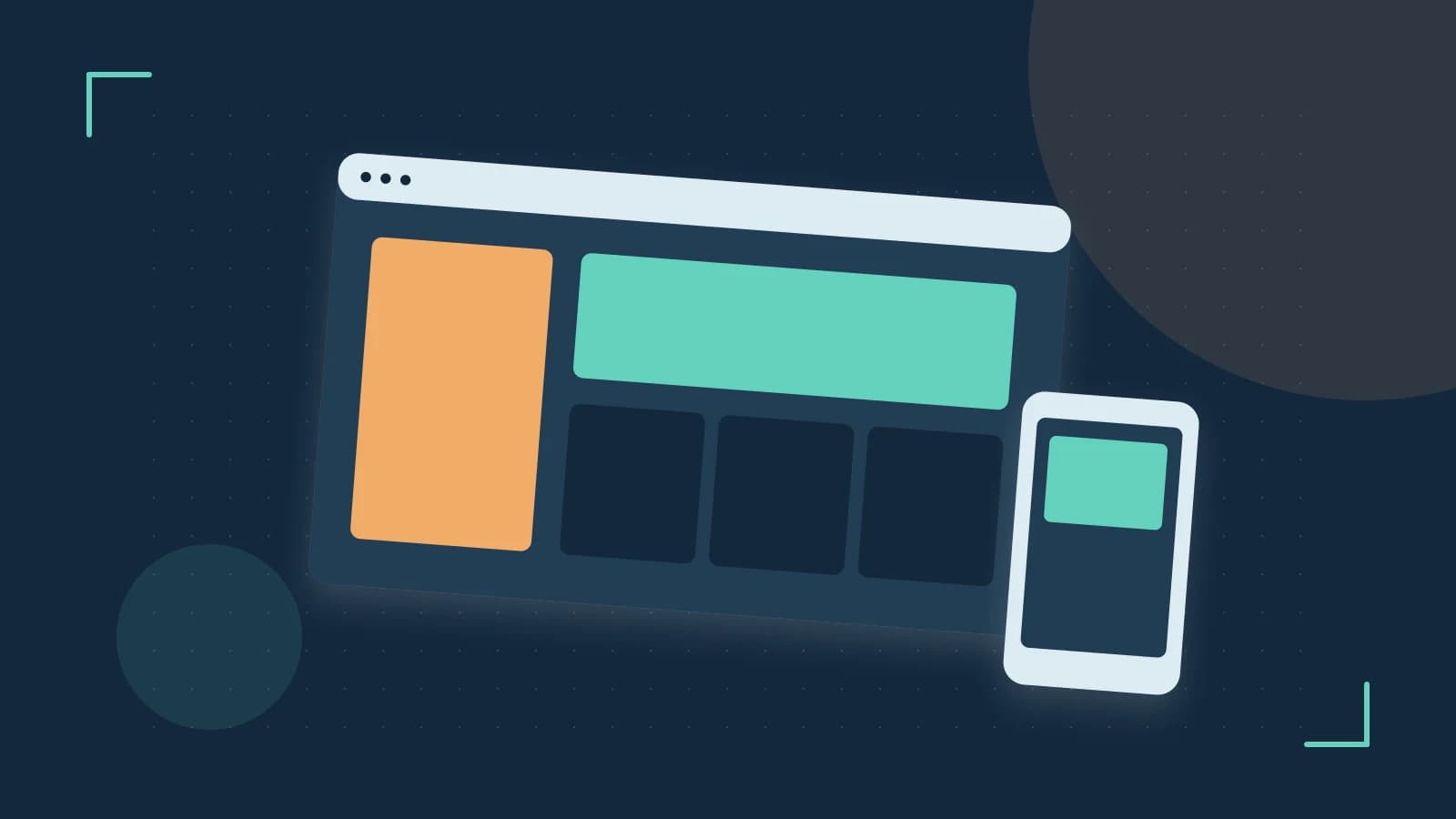Editorial illustration of responsive browser layouts, overlapping design components and a color system