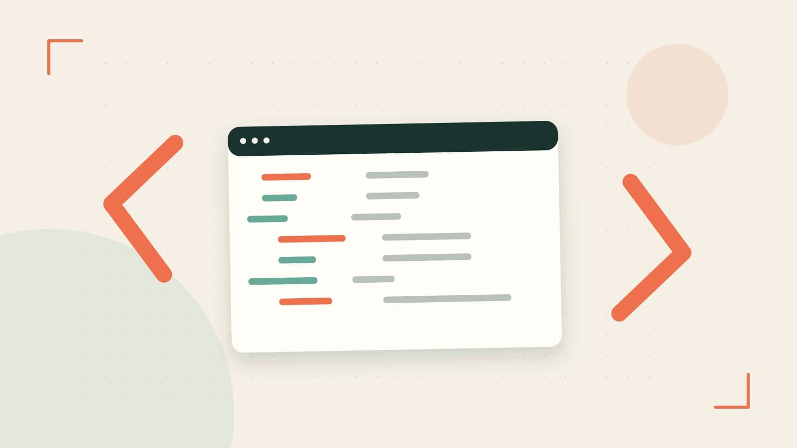 Editorial illustration of an abstract code editor, syntax blocks and oversized programming brackets