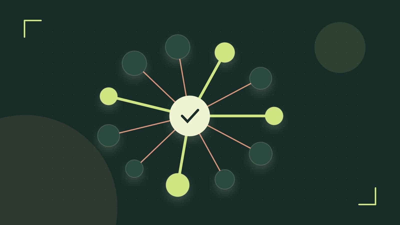 Editorial illustration of an algorithmic node graph with branching paths and a highlighted result