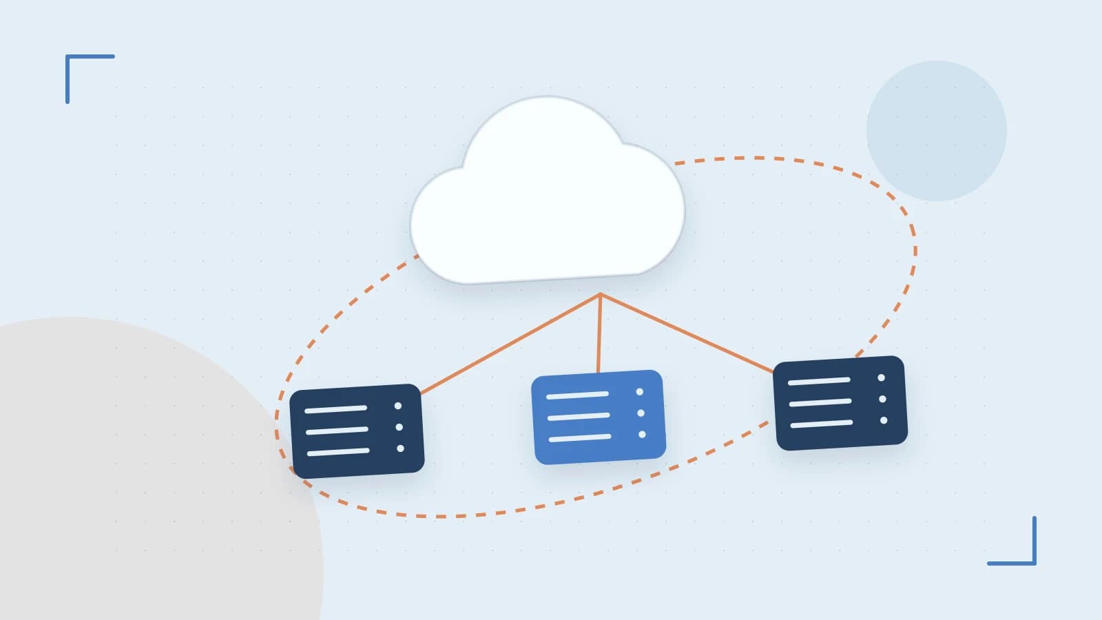 Editorial illustration of cloud infrastructure, connected server racks and an orbital service map