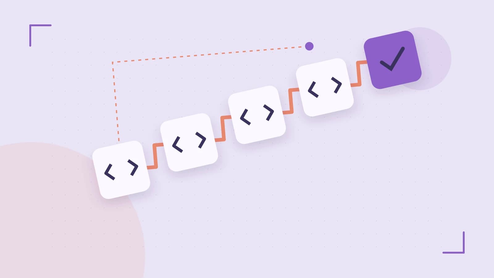 Editorial illustration of a branching build pipeline, staged transformations and a completed check