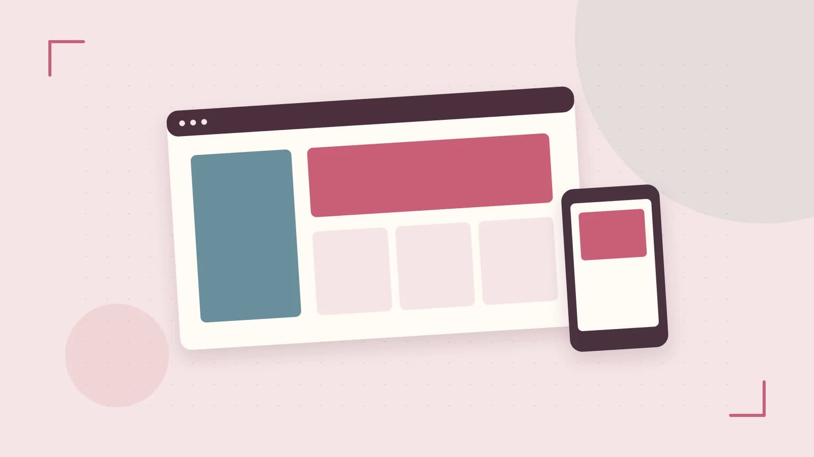 Editorial illustration of responsive browser layouts, overlapping design components and a color system