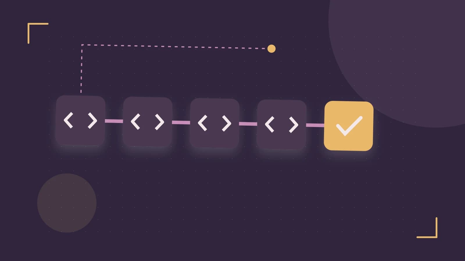 Editorial illustration of a branching build pipeline, staged transformations and a completed check