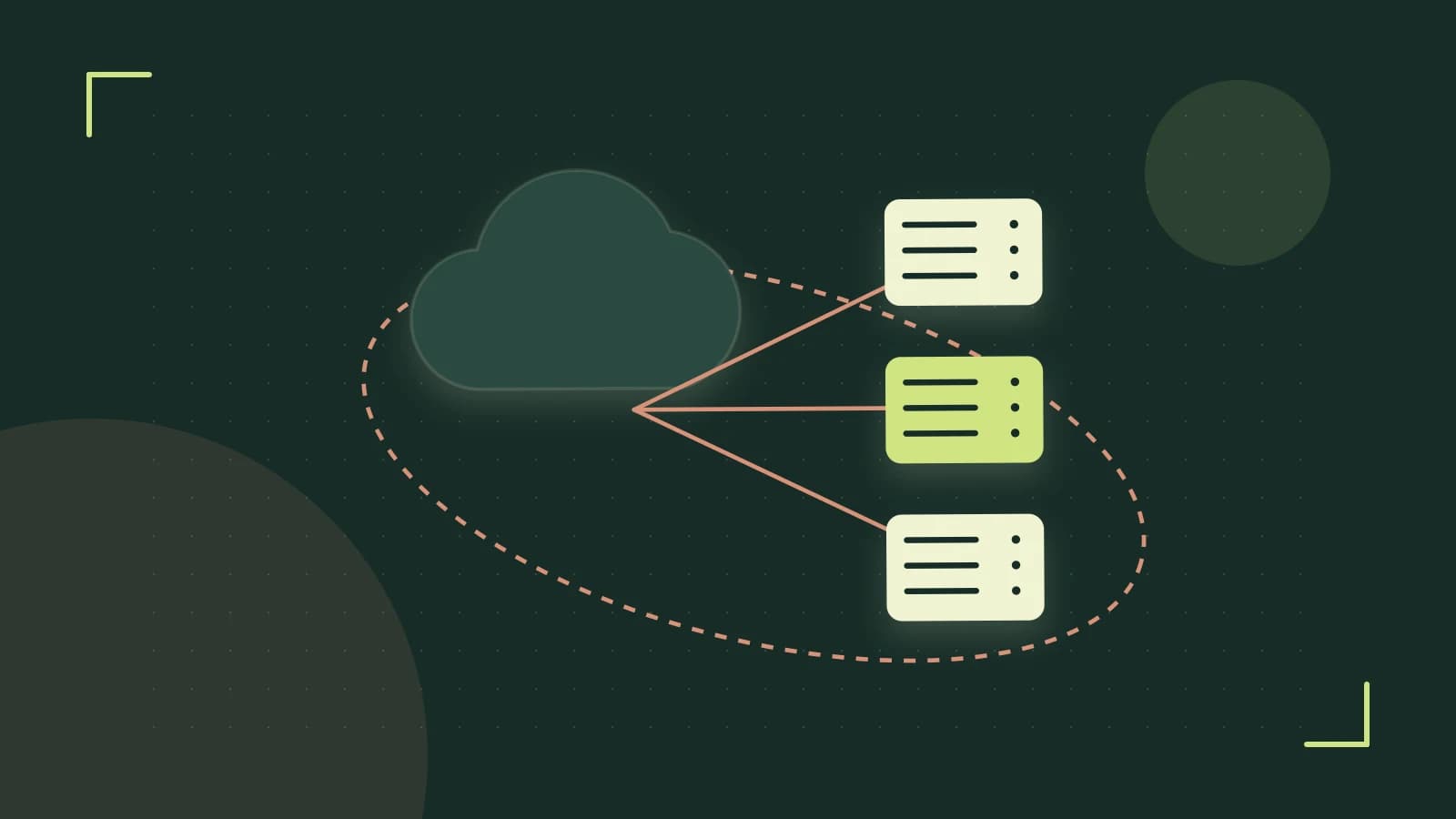 Editorial illustration of cloud infrastructure, connected server racks and an orbital service map