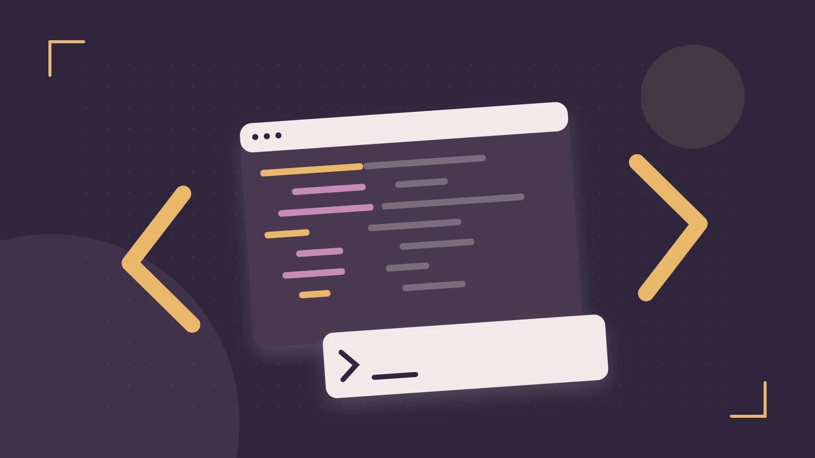Editorial illustration of an abstract code editor, syntax blocks and oversized programming brackets