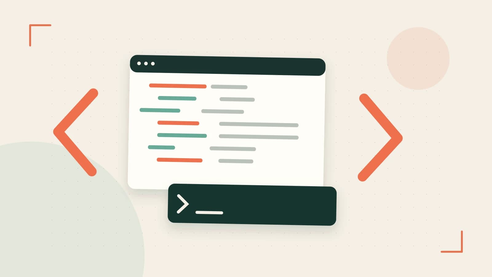 Editorial illustration of an abstract code editor, syntax blocks and oversized programming brackets