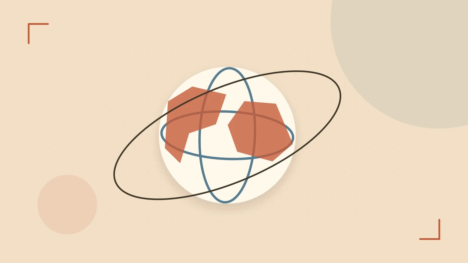 Editorial illustration of an editorial globe with meridians and layered geographic shapes