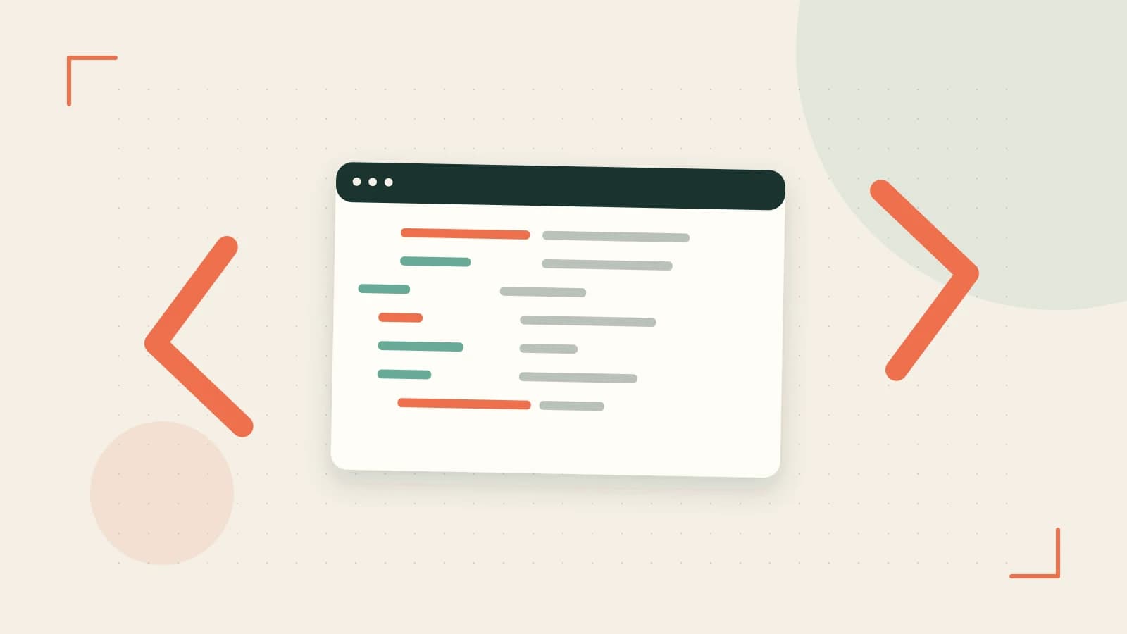 Editorial illustration of an abstract code editor, syntax blocks and oversized programming brackets