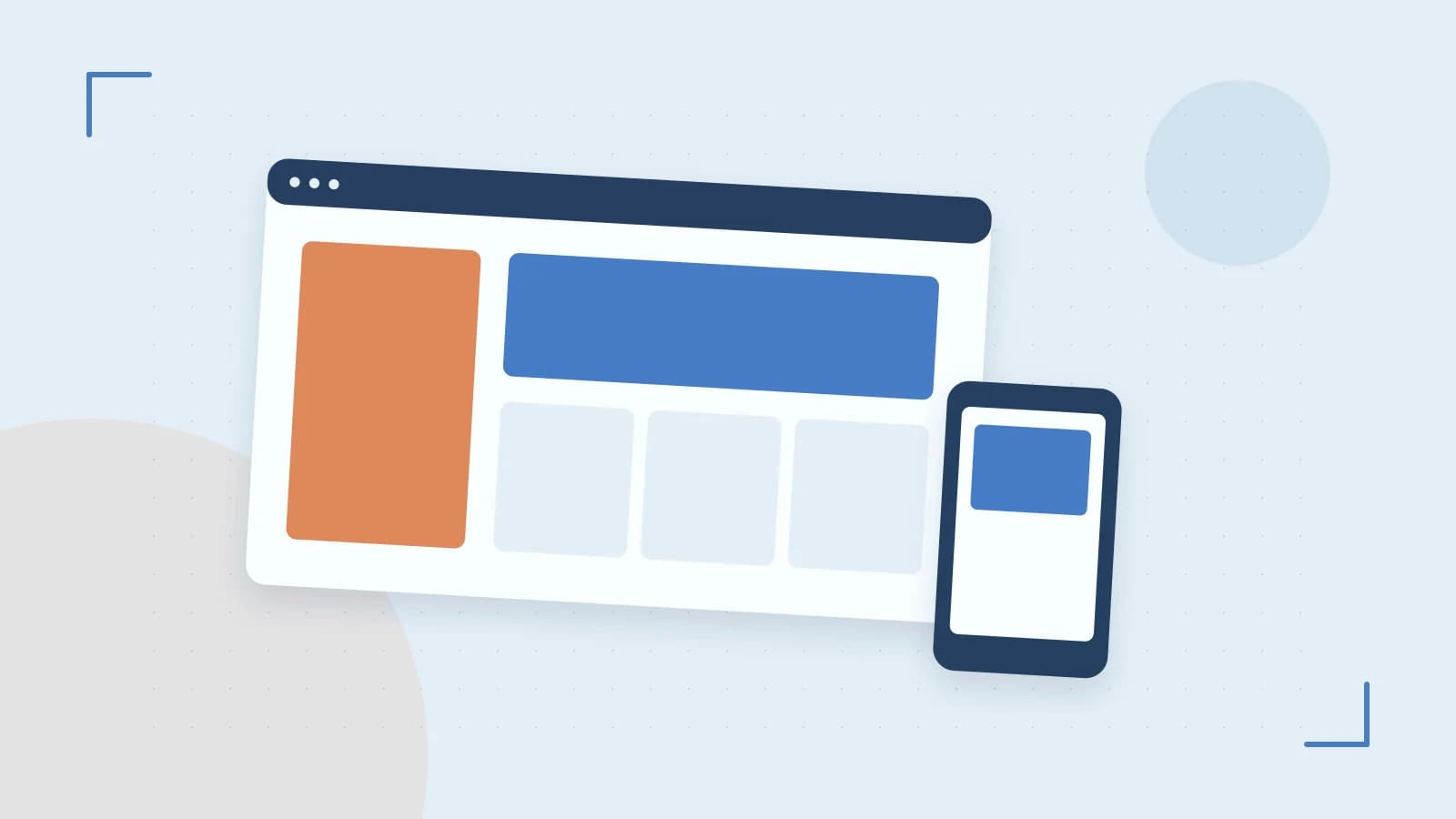 Editorial illustration of responsive browser layouts, overlapping design components and a color system