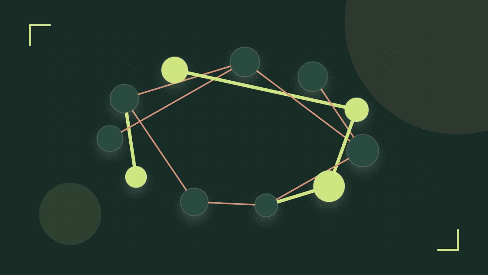Editorial illustration of an algorithmic node graph with branching paths and a highlighted result