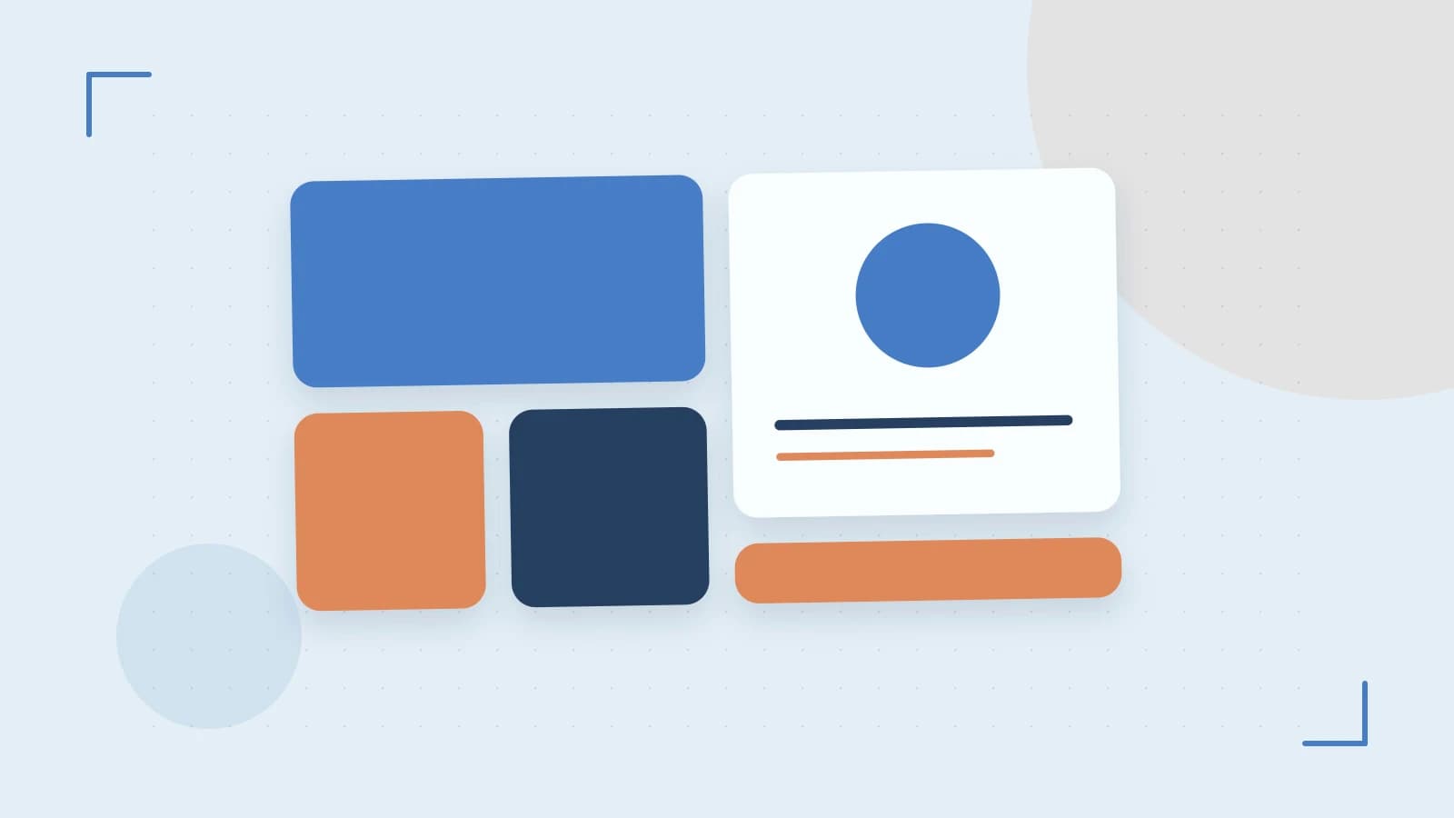 Editorial illustration of responsive browser layouts, overlapping design components and a color system