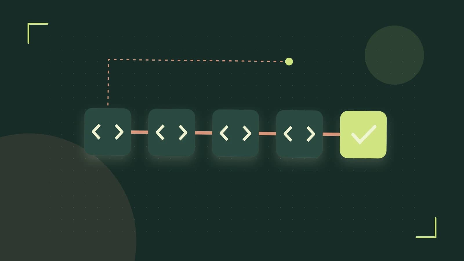 Editorial illustration of a branching build pipeline, staged transformations and a completed check
