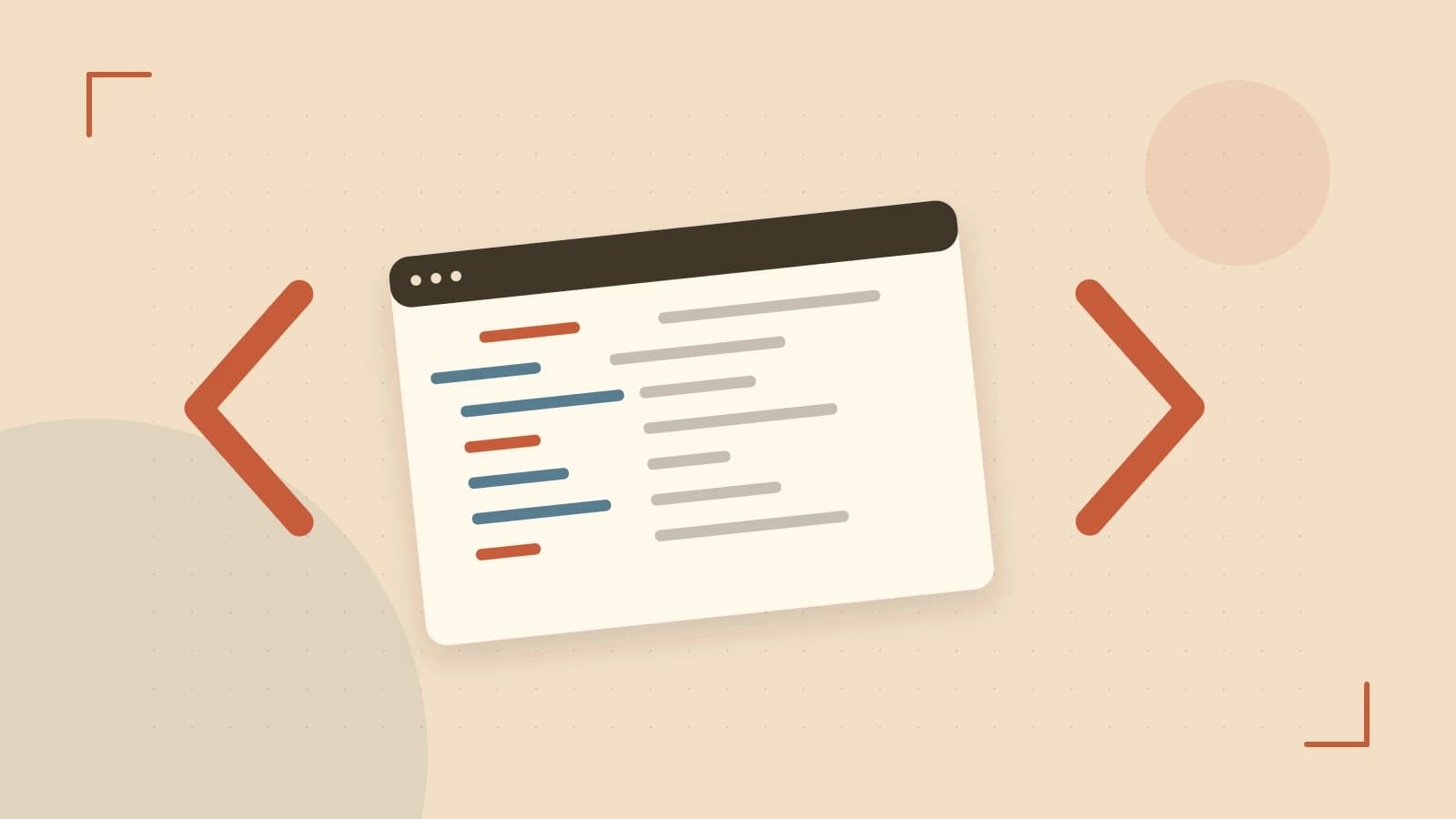 Editorial illustration of an abstract code editor, syntax blocks and oversized programming brackets