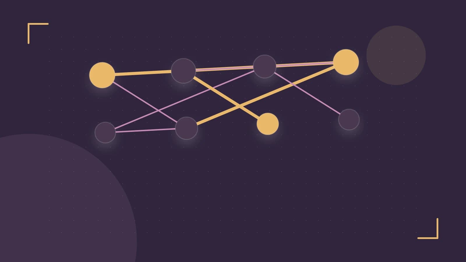 Editorial illustration of an algorithmic node graph with branching paths and a highlighted result