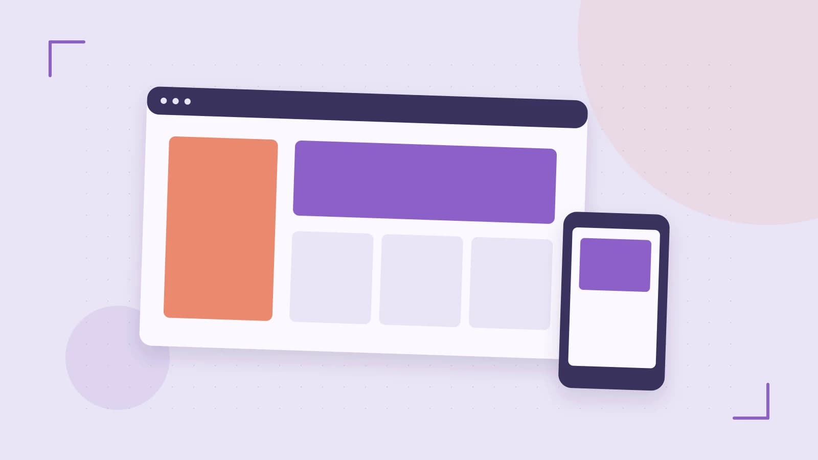 Editorial illustration of responsive browser layouts, overlapping design components and a color system