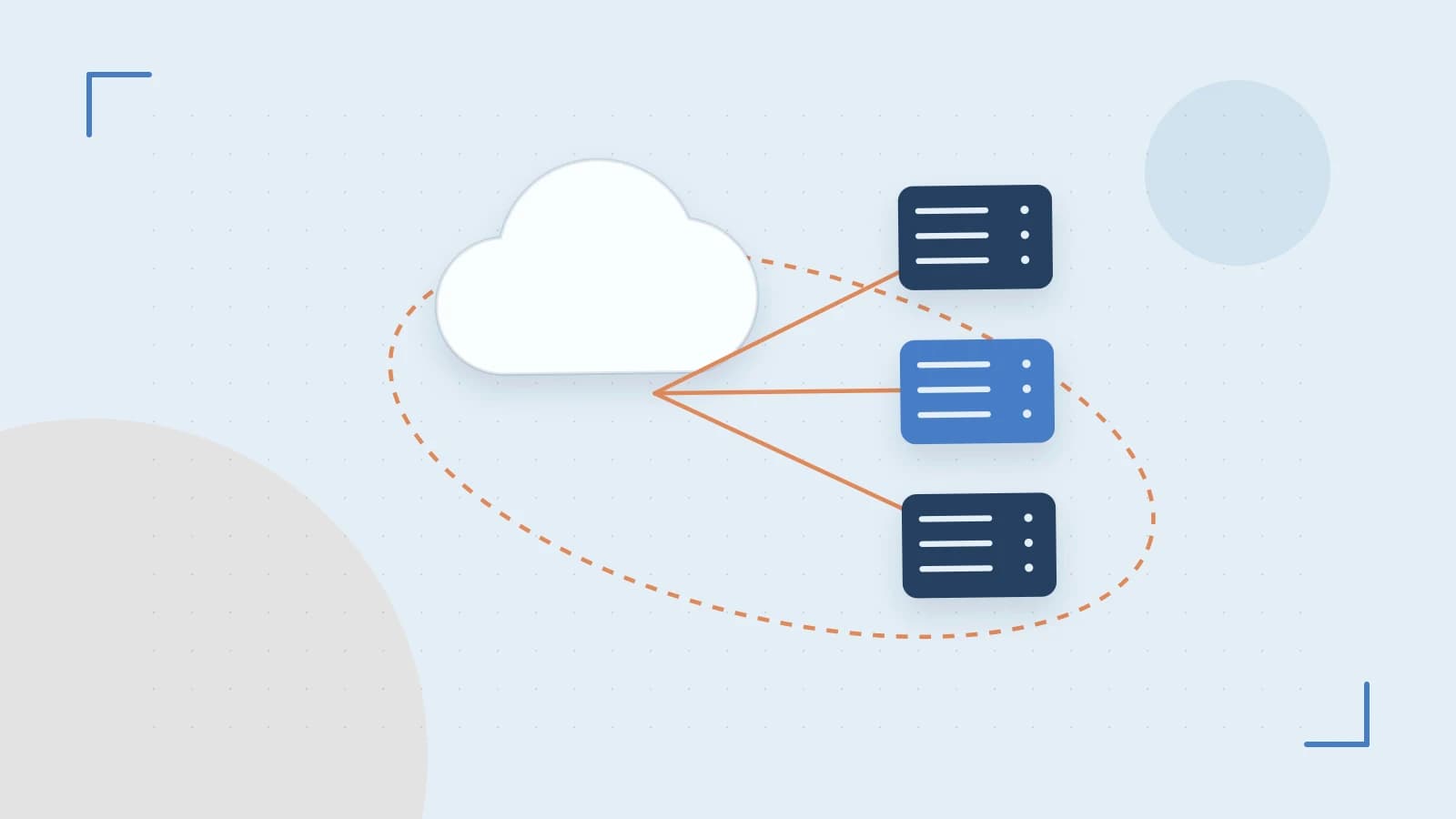 Editorial illustration of cloud infrastructure, connected server racks and an orbital service map