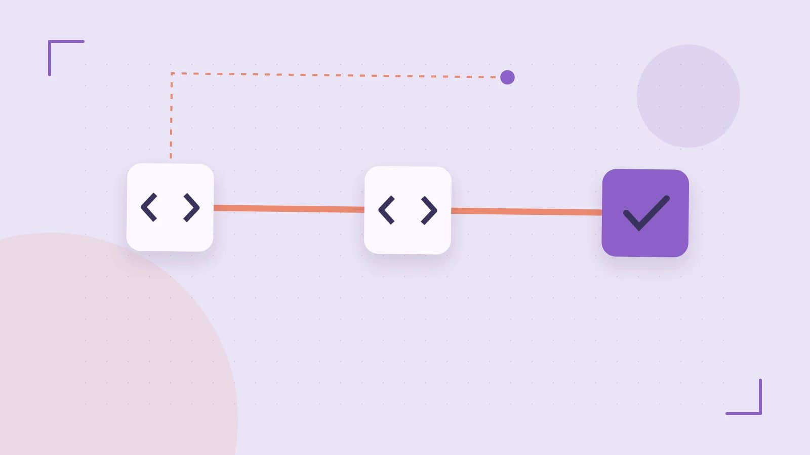Editorial illustration of a branching build pipeline, staged transformations and a completed check