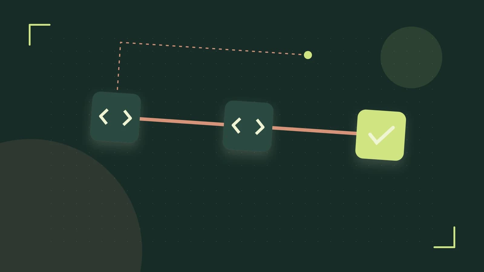 Editorial illustration of a branching build pipeline, staged transformations and a completed check