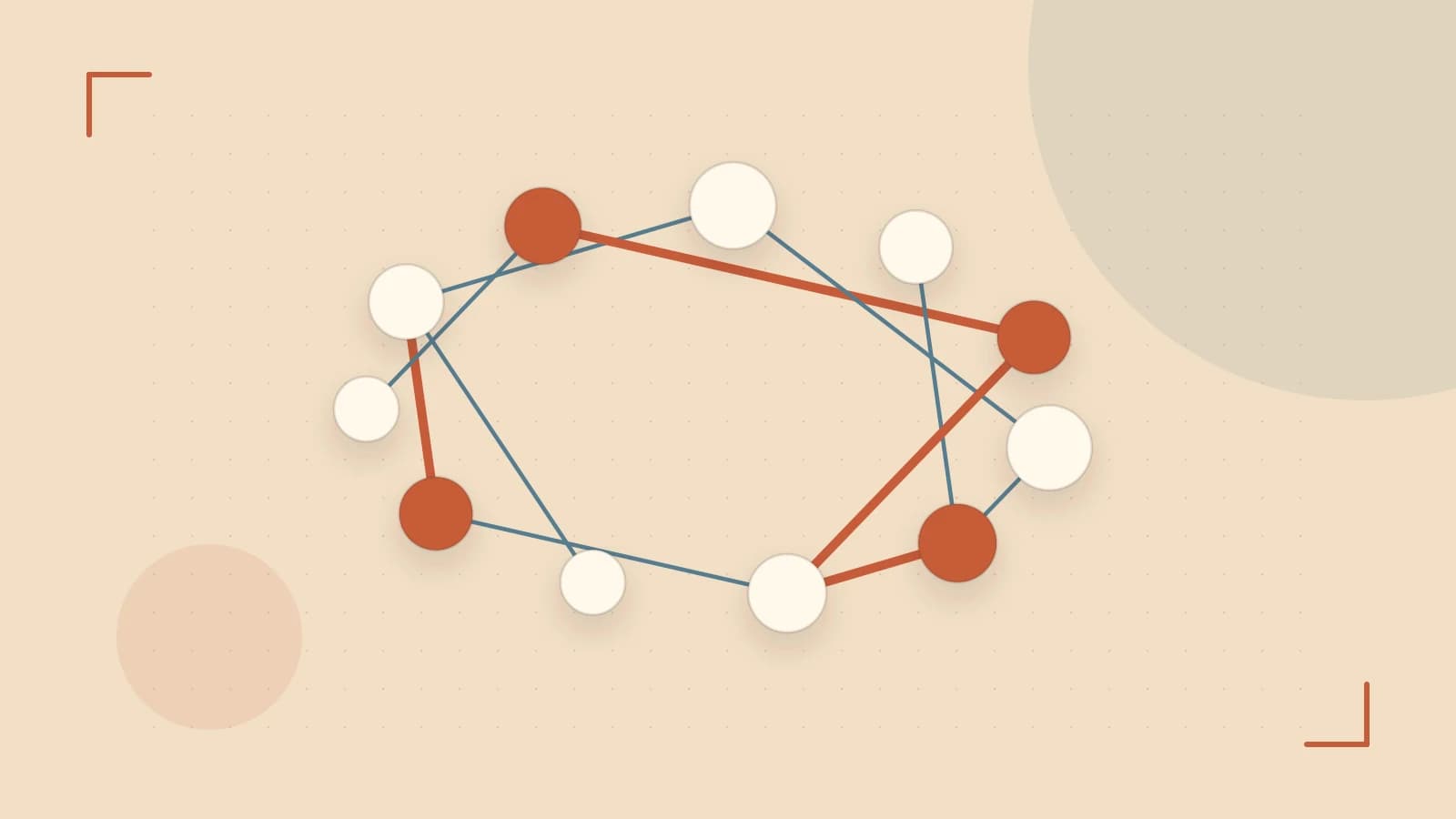 Editorial illustration of an algorithmic node graph with branching paths and a highlighted result