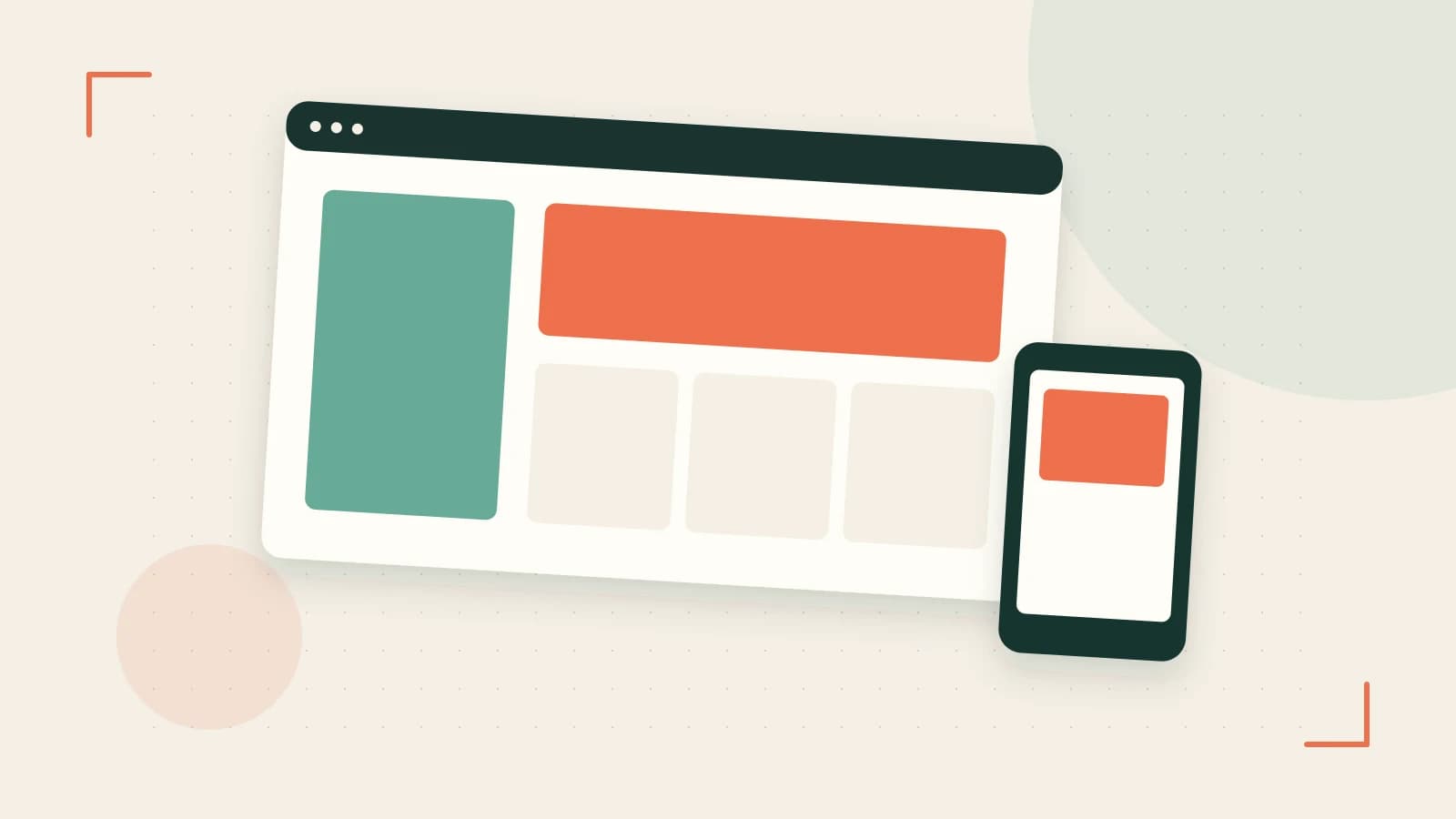 Editorial illustration of responsive browser layouts, overlapping design components and a color system