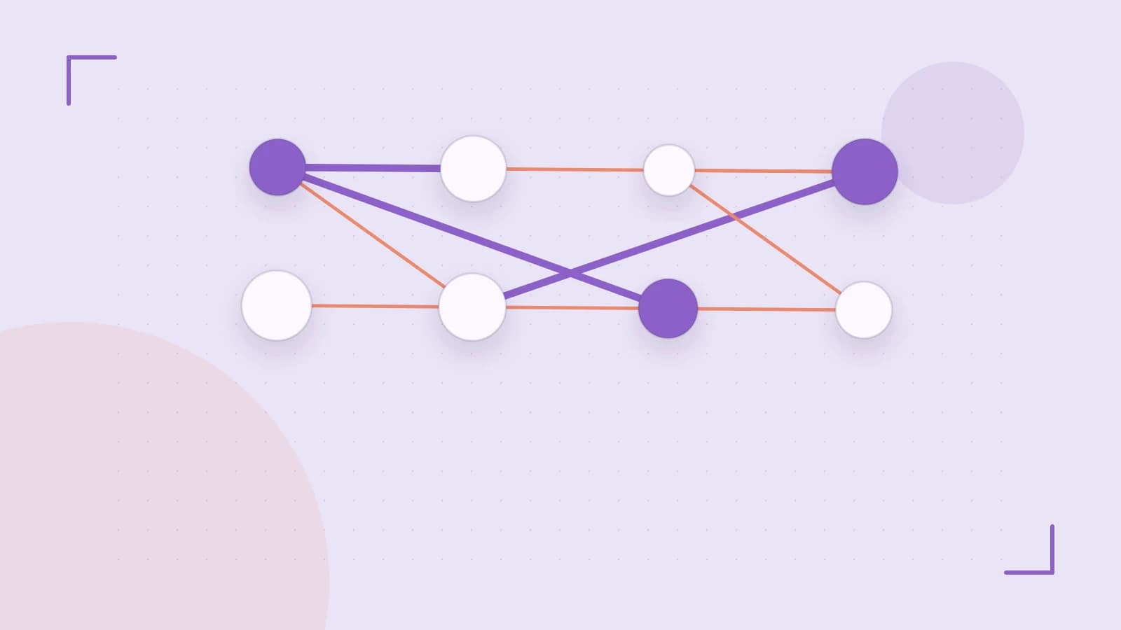 Editorial illustration of an algorithmic node graph with branching paths and a highlighted result