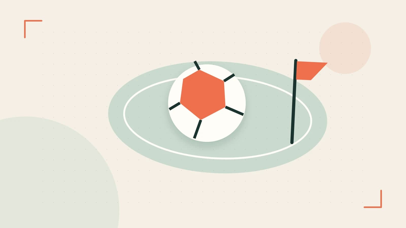Editorial illustration of a stylized sports ball, stadium geometry and dynamic arcs