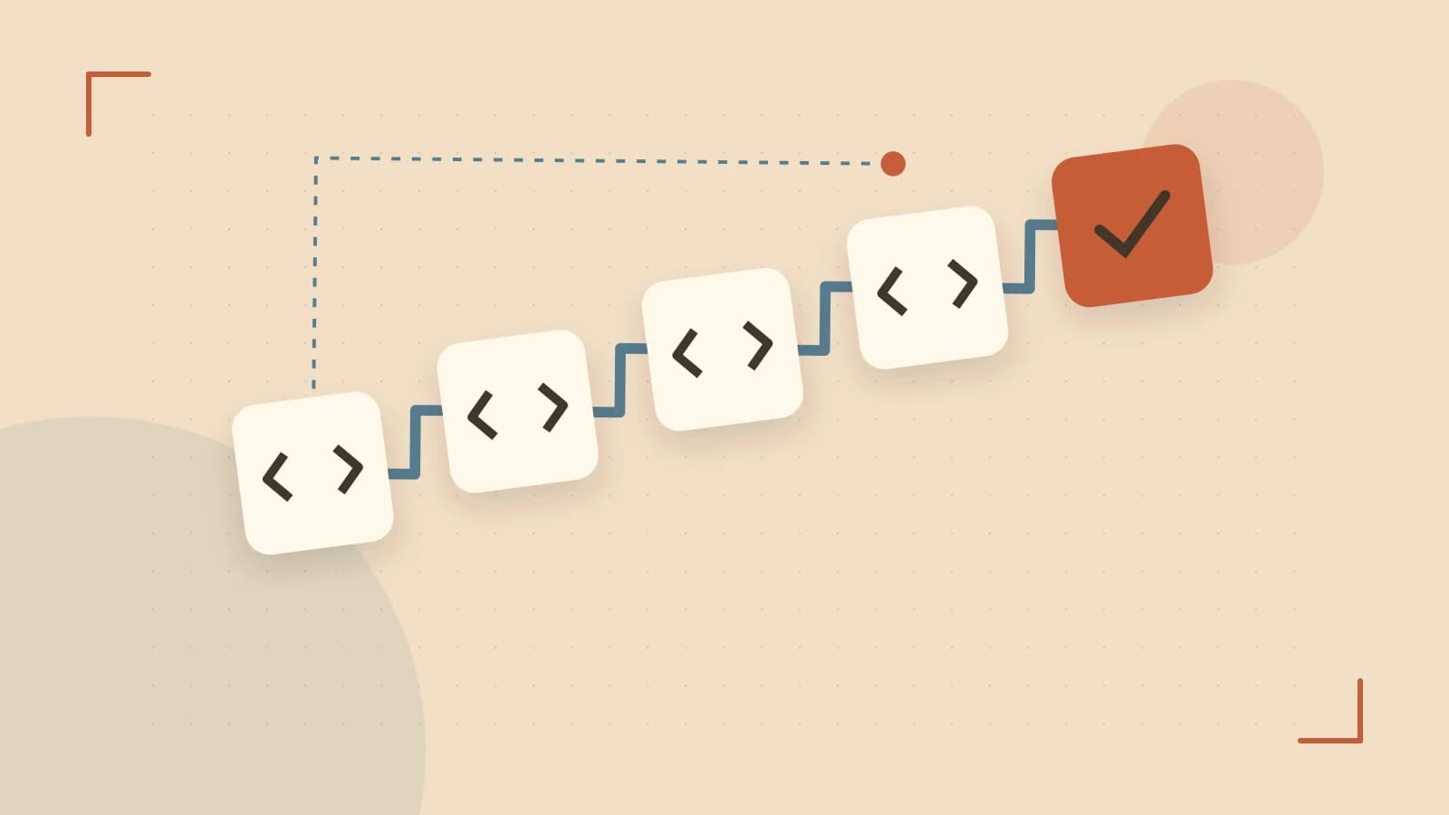 Editorial illustration of a branching build pipeline, staged transformations and a completed check