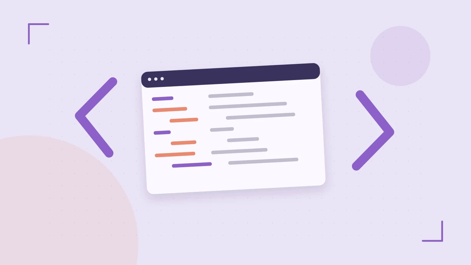 Editorial illustration of an abstract code editor, syntax blocks and oversized programming brackets