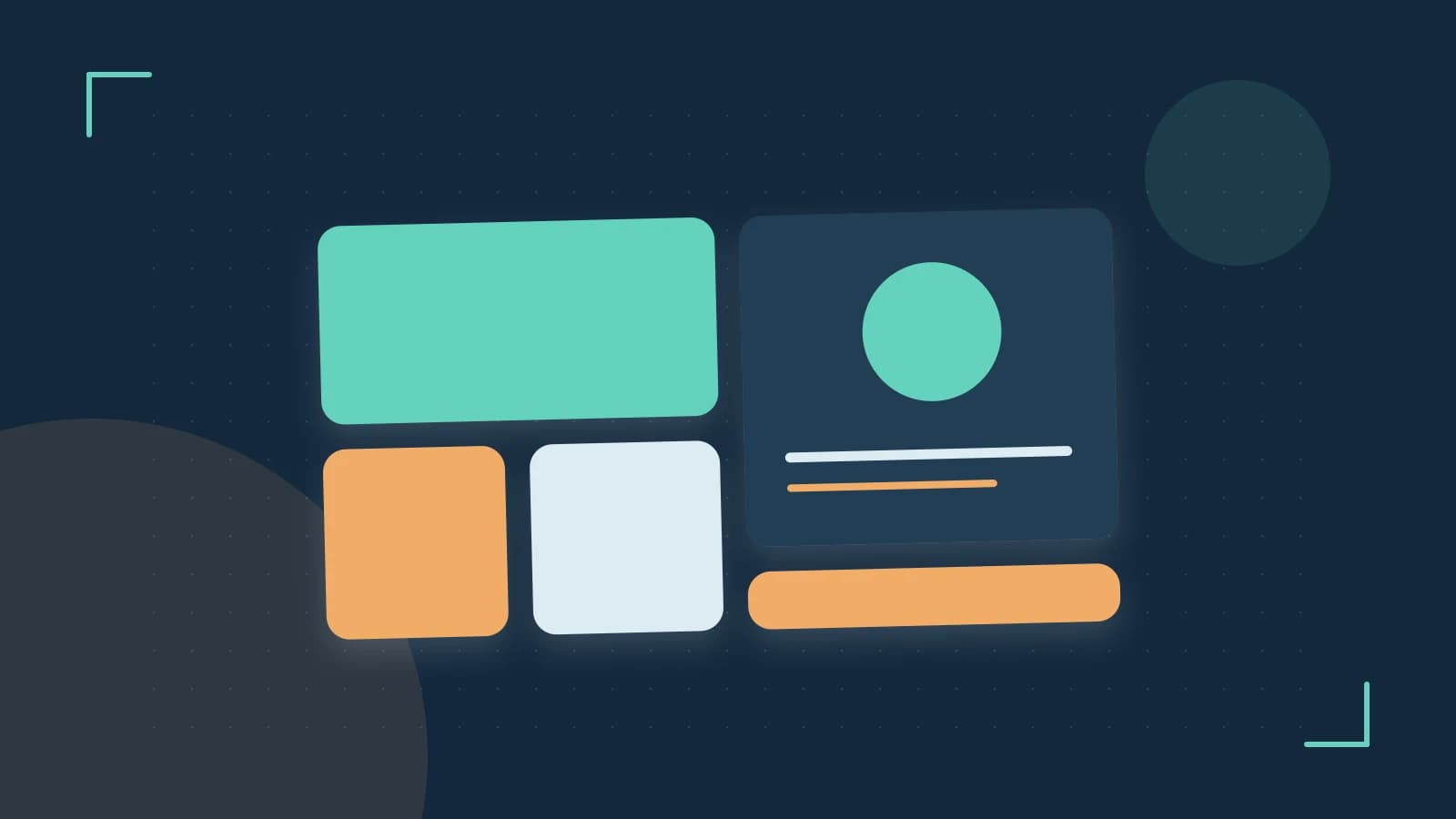 Editorial illustration of responsive browser layouts, overlapping design components and a color system
