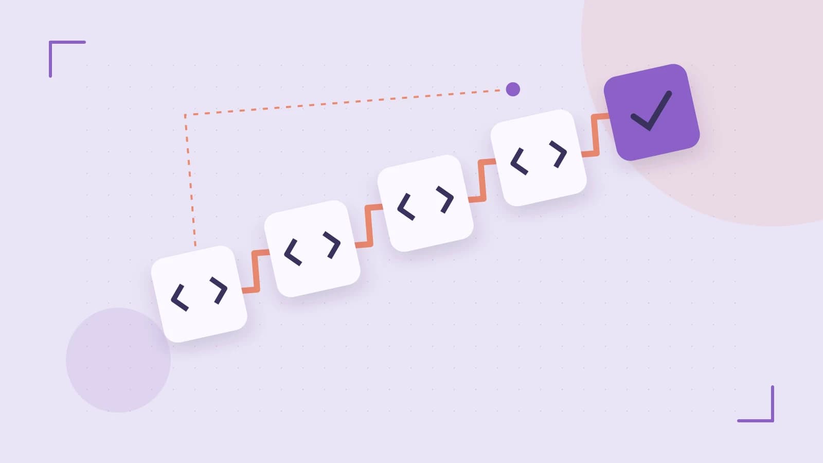 Editorial illustration of a branching build pipeline, staged transformations and a completed check