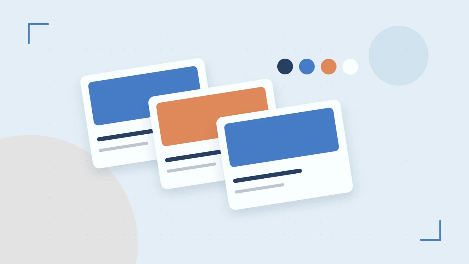 Editorial illustration of responsive browser layouts, overlapping design components and a color system