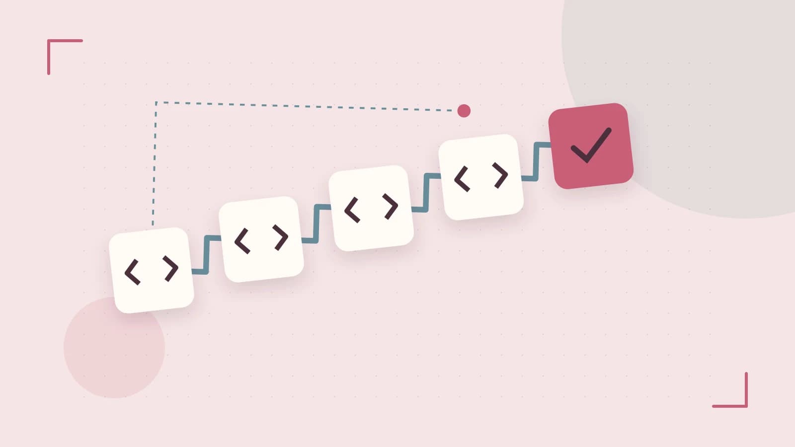 Editorial illustration of a branching build pipeline, staged transformations and a completed check