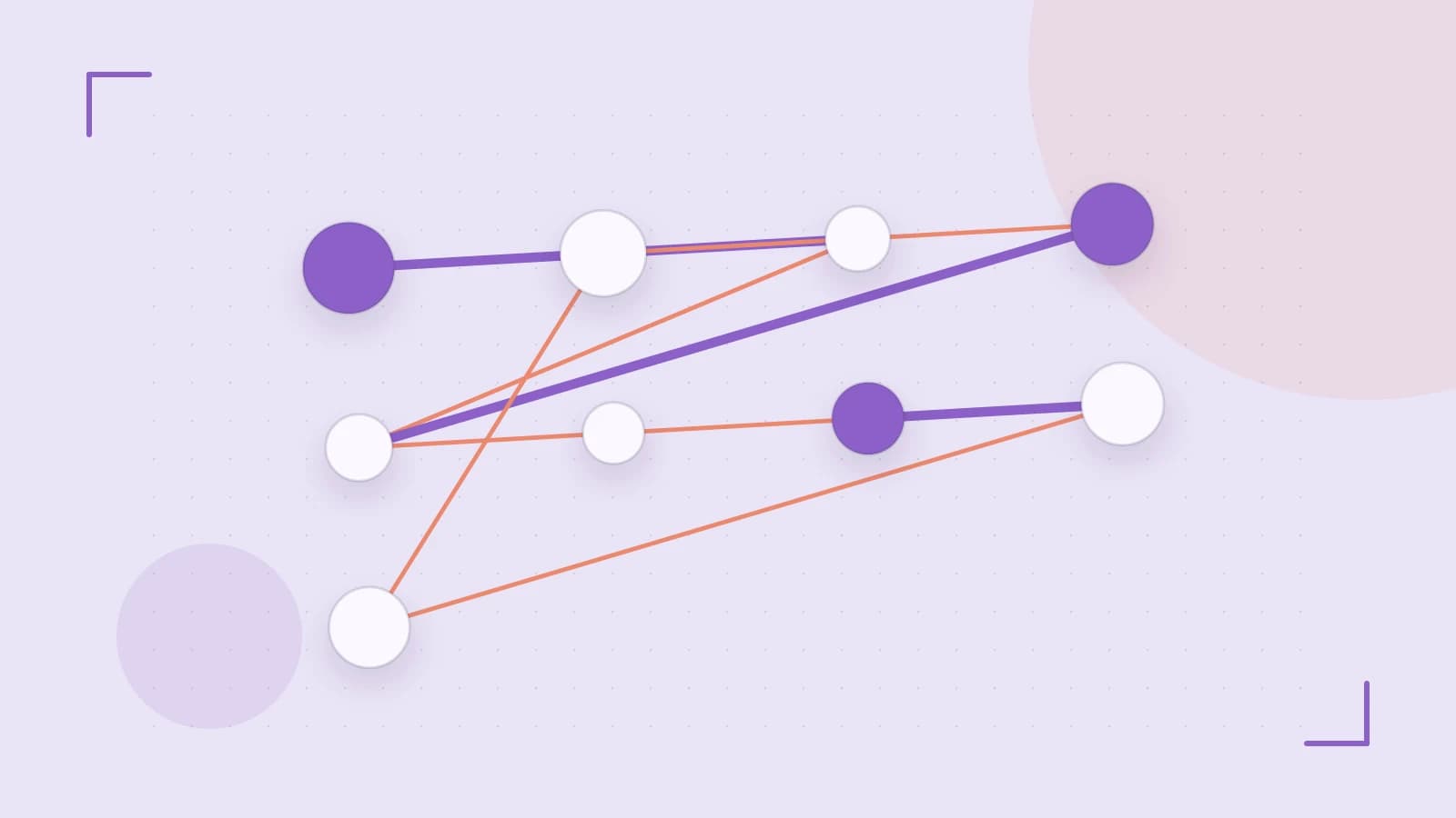 Editorial illustration of an algorithmic node graph with branching paths and a highlighted result