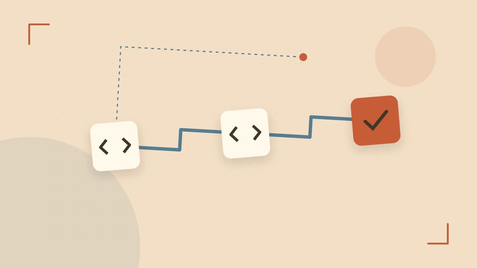 Editorial illustration of a branching build pipeline, staged transformations and a completed check