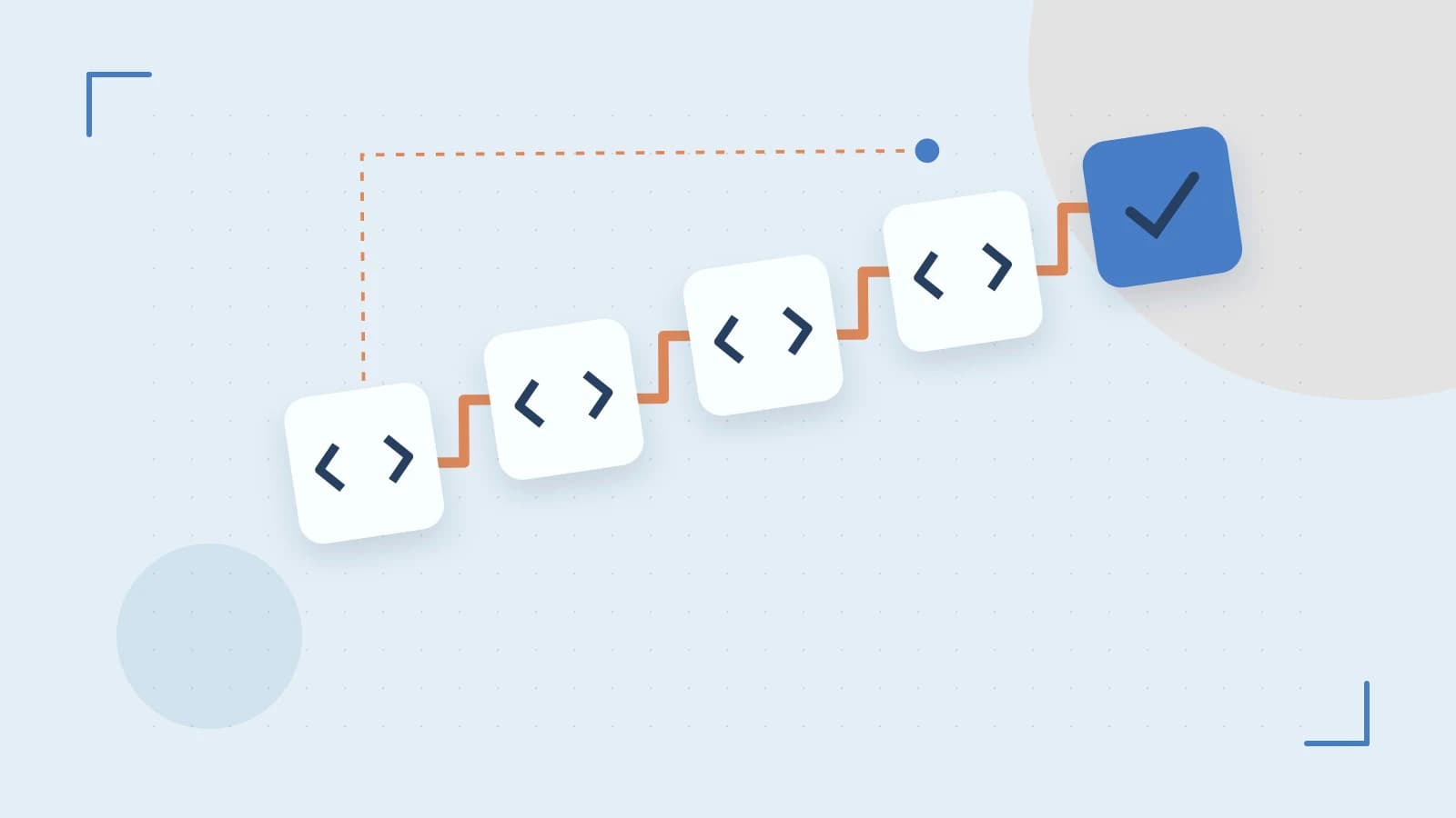 Editorial illustration of a branching build pipeline, staged transformations and a completed check