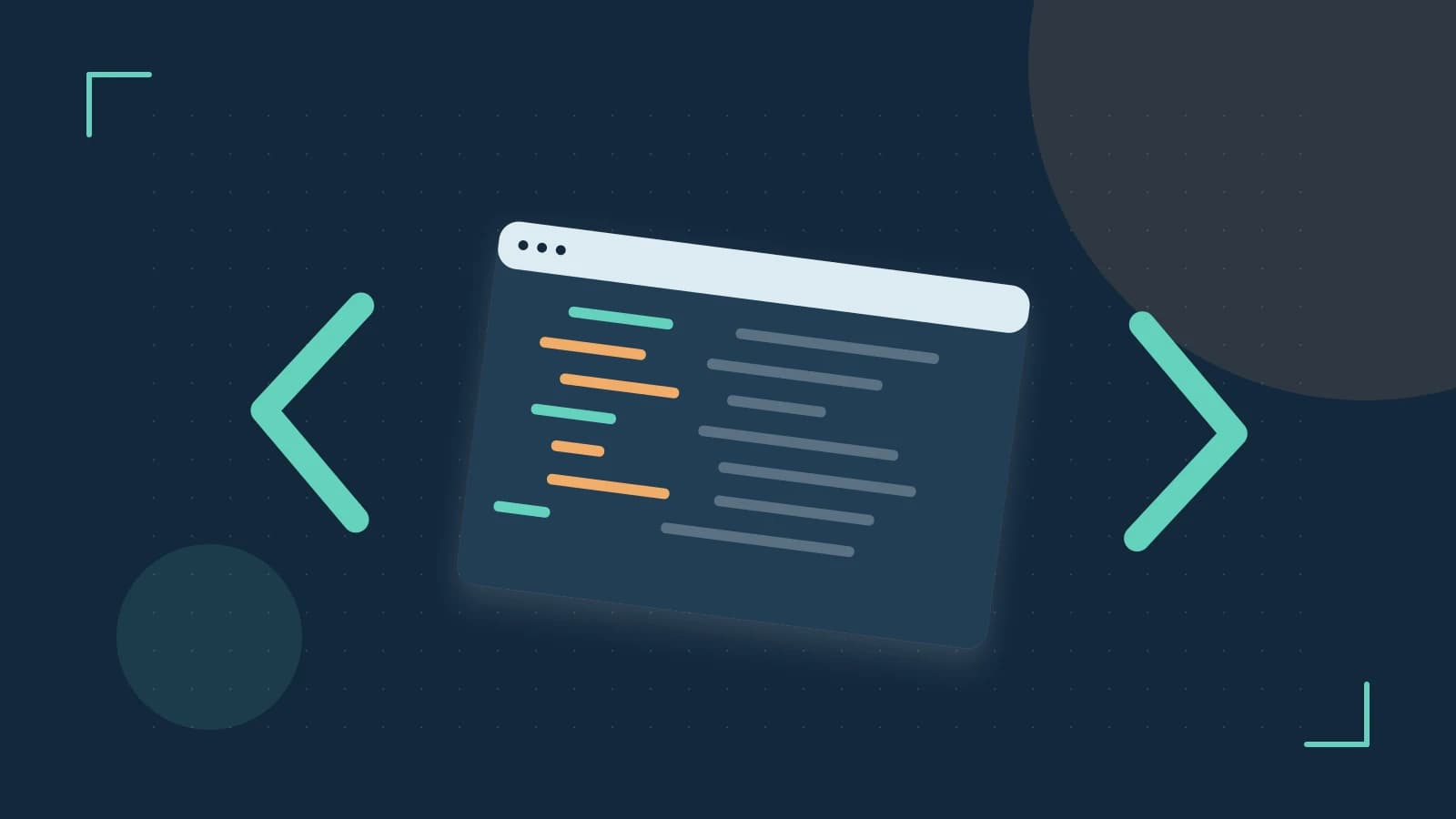 Editorial illustration of an abstract code editor, syntax blocks and oversized programming brackets